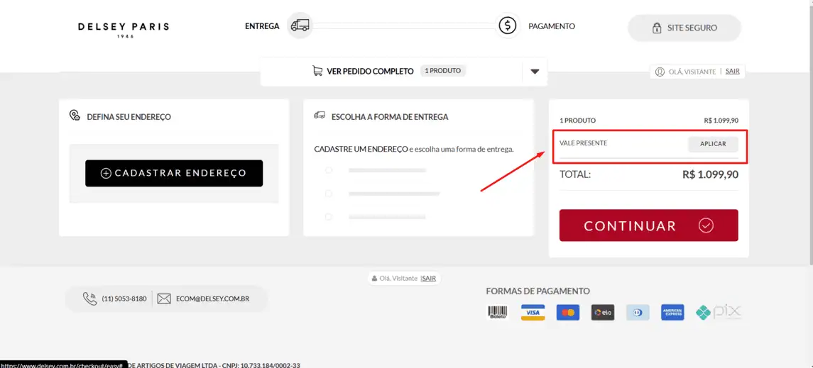 Onde inserir cupom de desconto Delsey