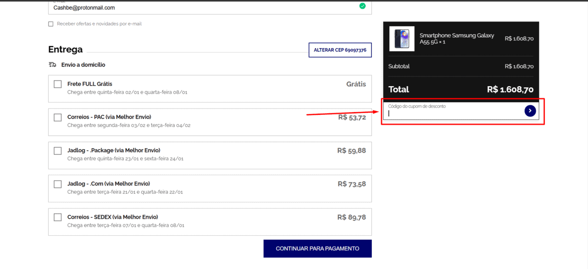 Onde inserir cupom de desconto Parazy E-commerce