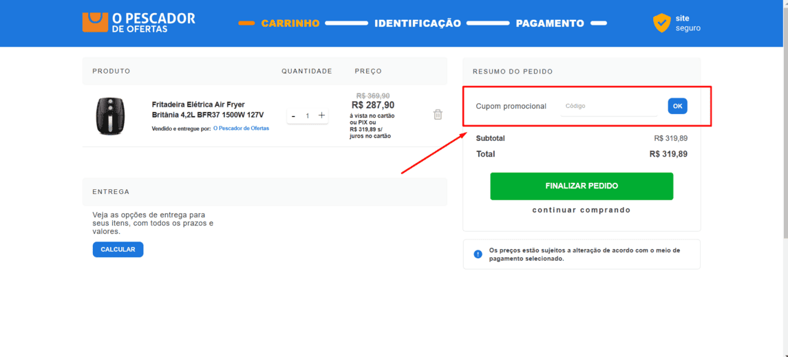 Onde inserir cupom de desconto O Pescador de Ofertas