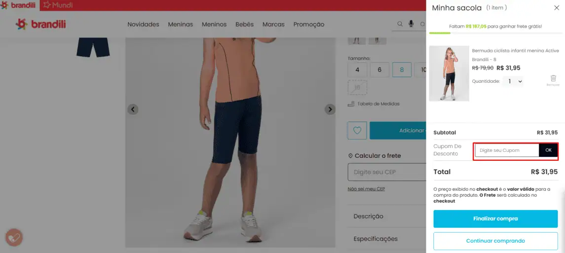 Onde inserir cupom de desconto Brandili