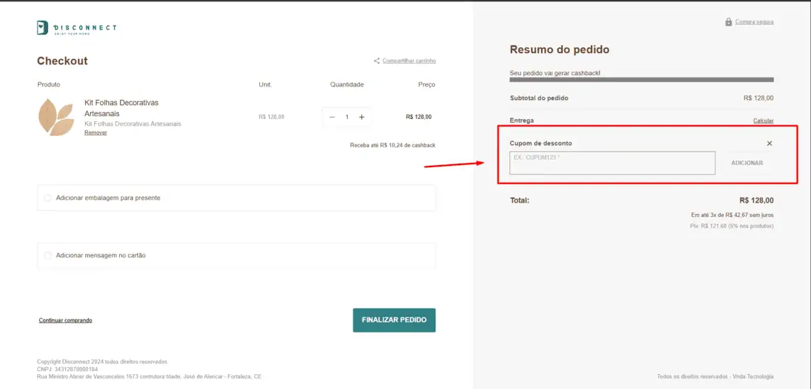 Onde inserir cupom de desconto Disconnect Home
