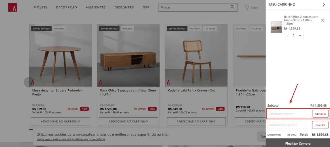 Onde inserir cupom de desconto Abra Casa
