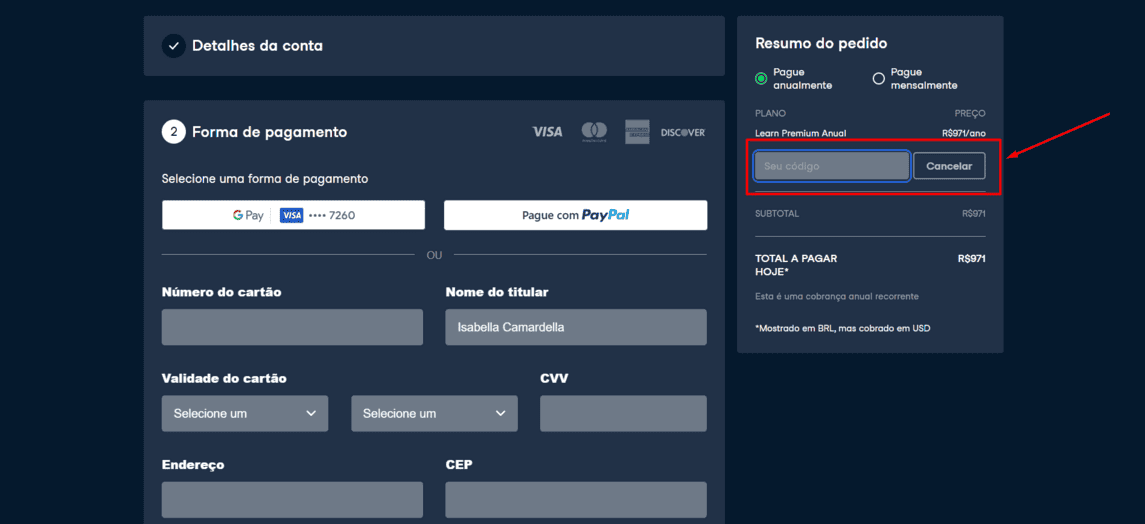 Onde inserir cupom de desconto DataCamp