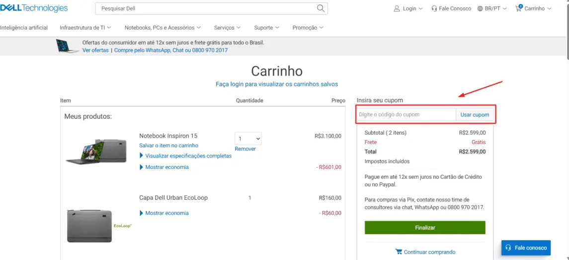Onde inserir cupom de desconto Dell