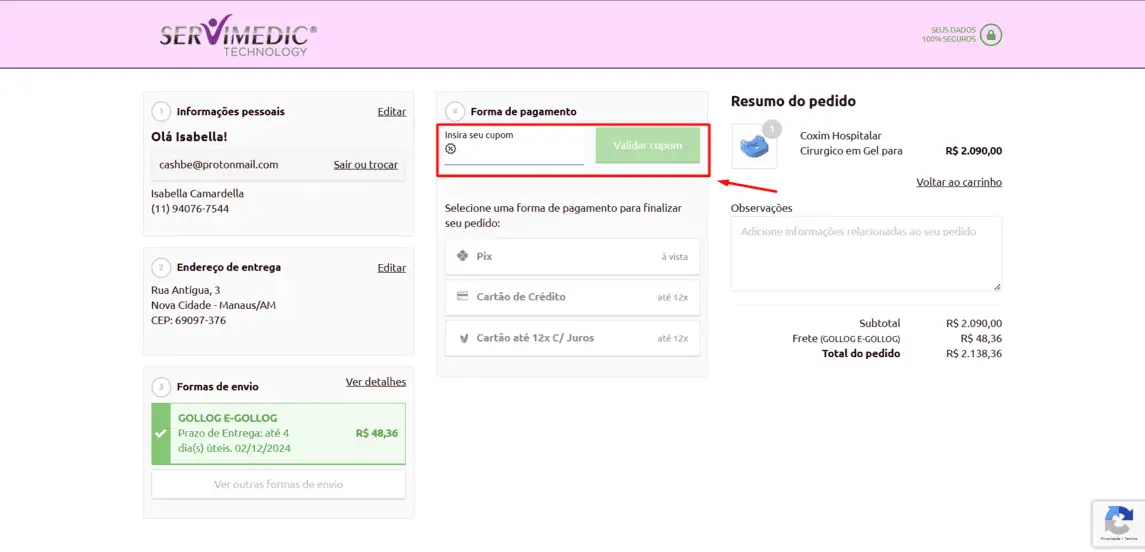 Onde inserir cupom de desconto Servimedic