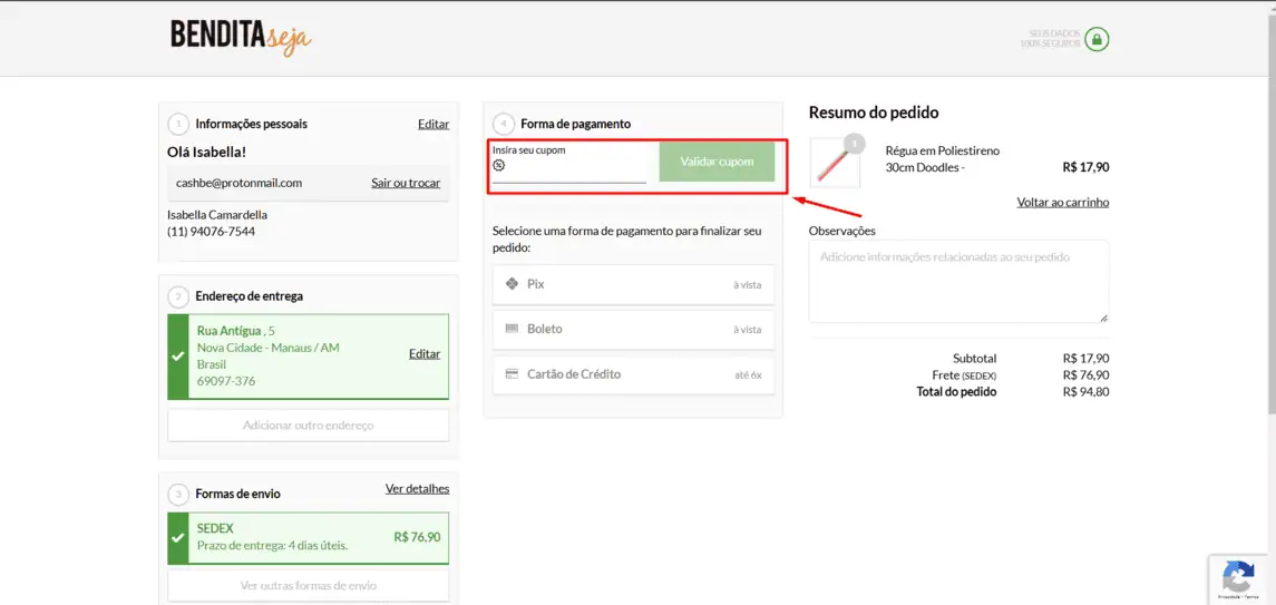 Onde inserir cupom de desconto Bendita Seja