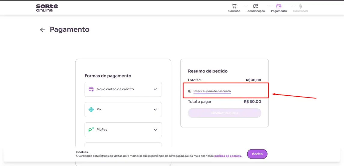 Onde inserir cupom de desconto Sorte Online