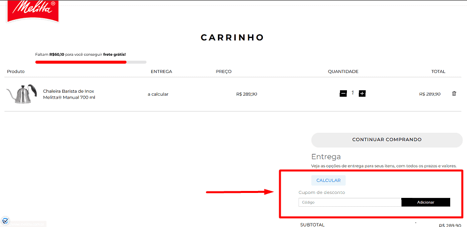 Onde inserir cupom de desconto Melitta