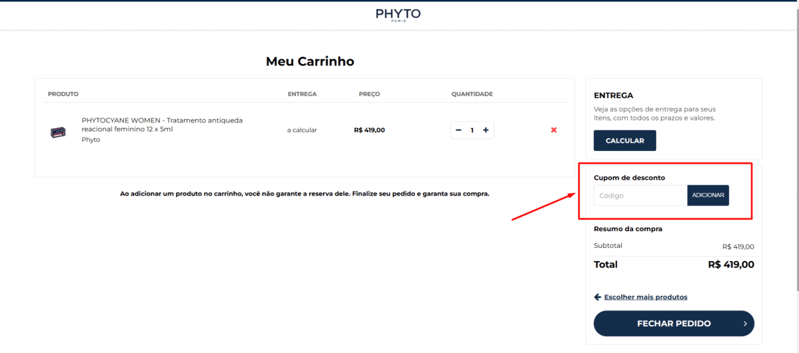 Onde inserir cupom de desconto Phyto Paris
