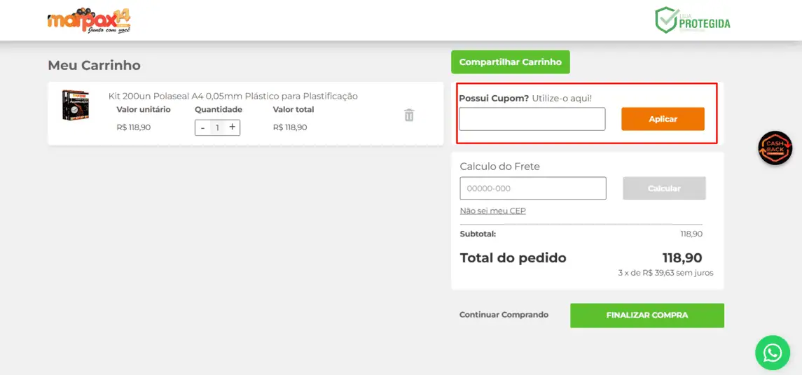 Onde inserir cupom de desconto Marpax