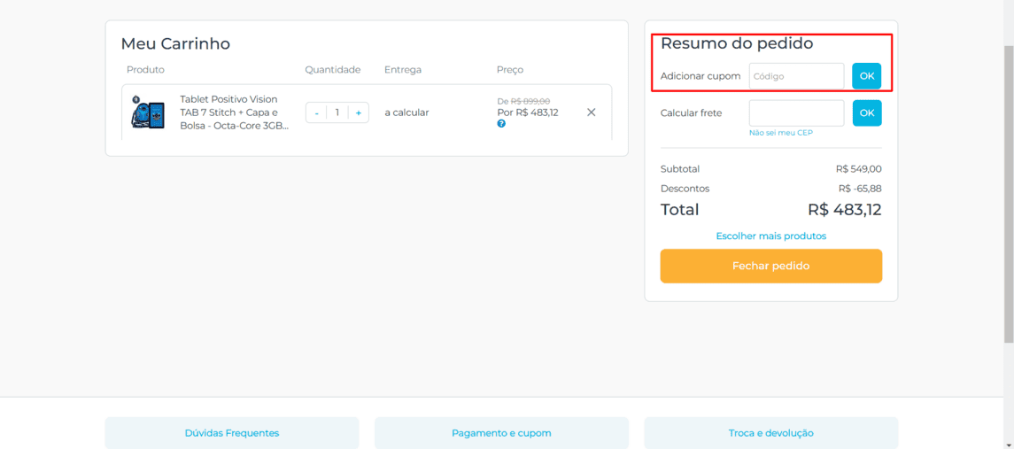 Onde inserir cupom de desconto Compaq
