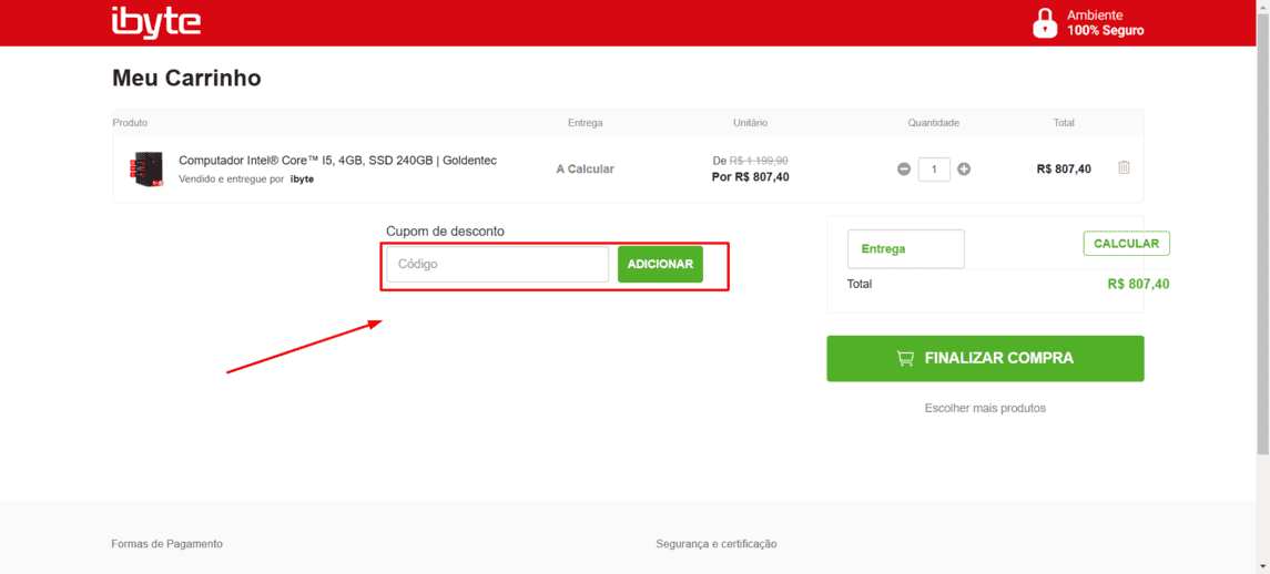 Onde inserir cupom de desconto Ibyte
