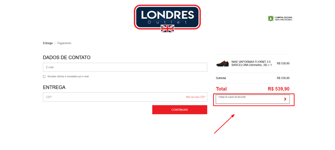 Onde inserir cupom de desconto LONDRES OUTLET