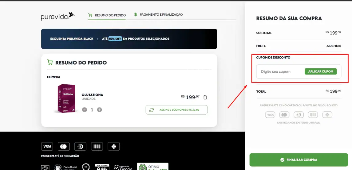 Onde inserir cupom de desconto Puravida