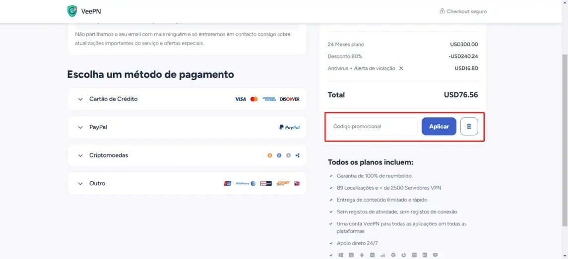 Onde inserir cupom de desconto Veepn