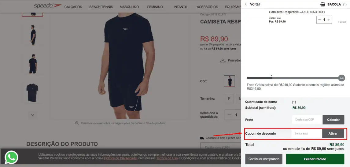 Onde inserir cupom de desconto Speedo