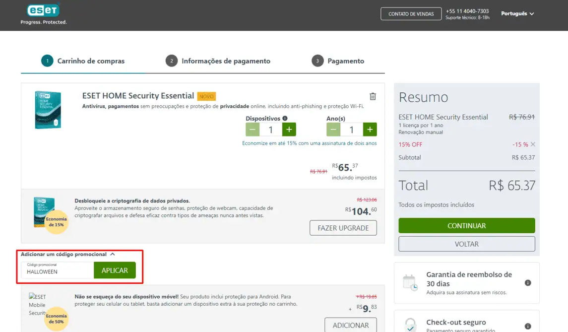 Onde inserir cupom de desconto ESET