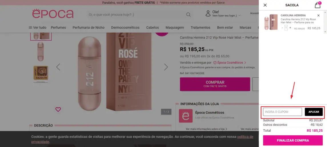 Onde inserir cupom de desconto Epoca