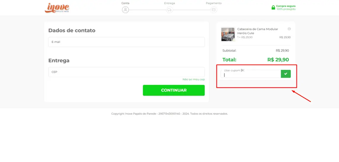 Onde inserir cupom de desconto Inove