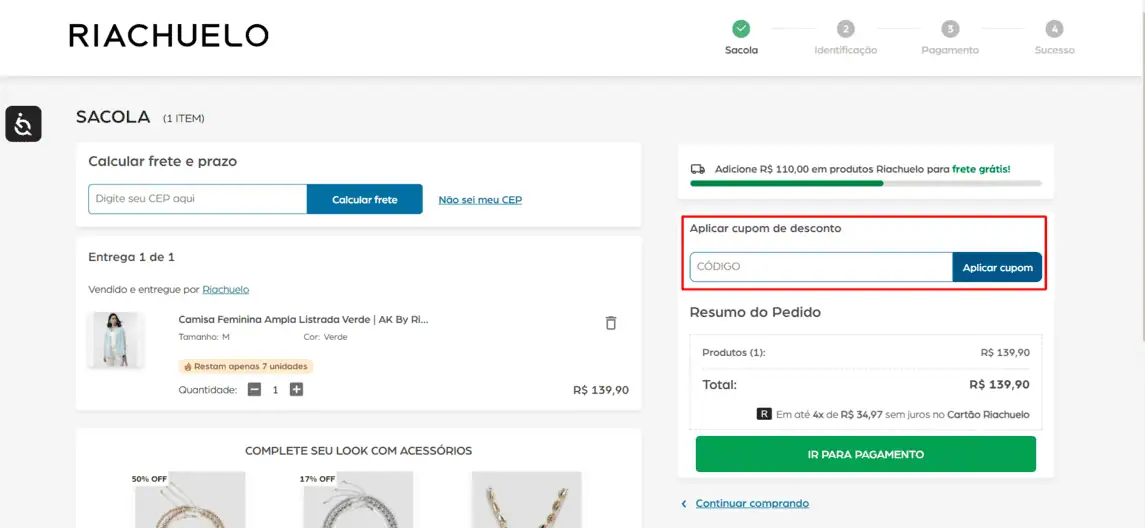 Onde inserir cupom de desconto Riachuelo