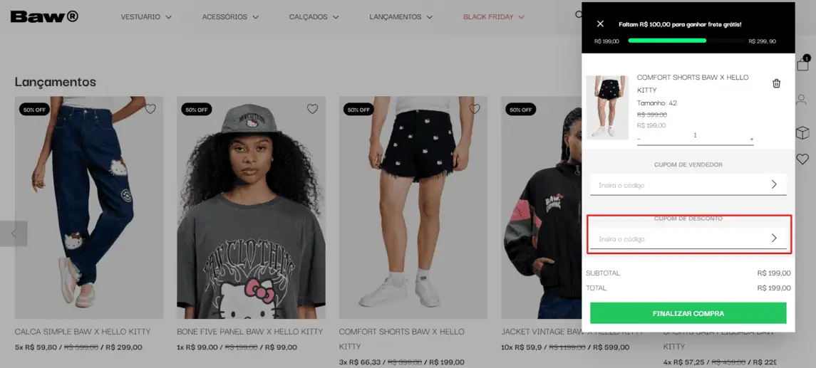 Onde inserir cupom de desconto Baw Clothing
