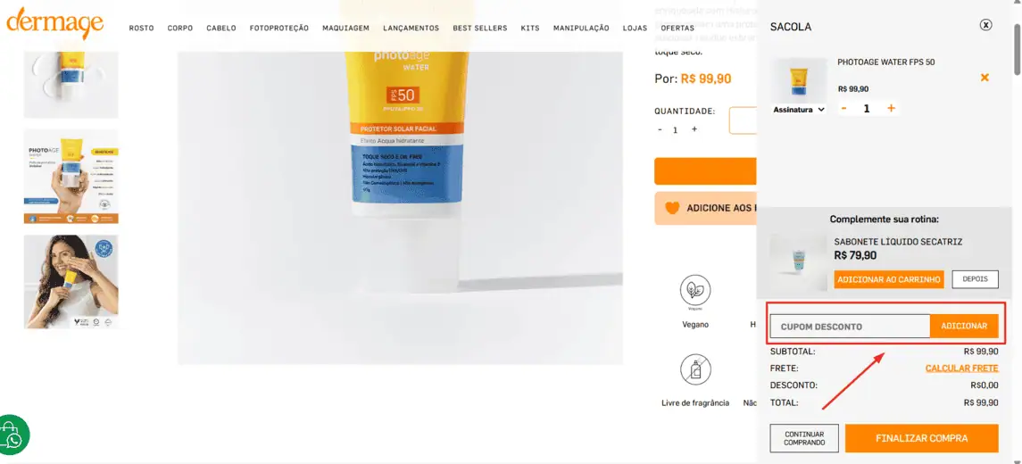 Onde inserir cupom de desconto Dermage