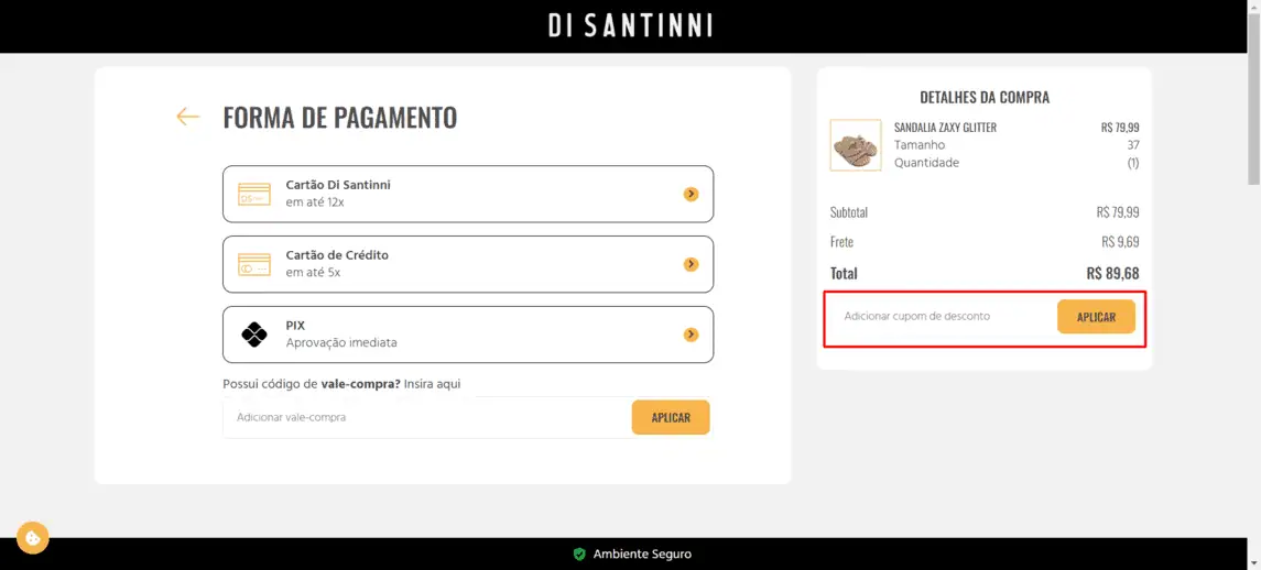 Onde inserir cupom de desconto Di Santinni