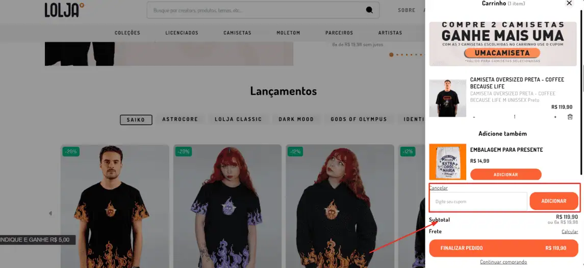 Onde inserir cupom de desconto Lolja