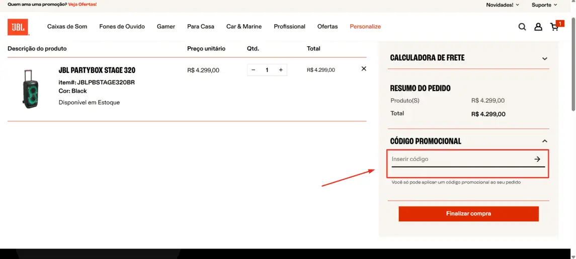 Onde inserir cupom de desconto JBL