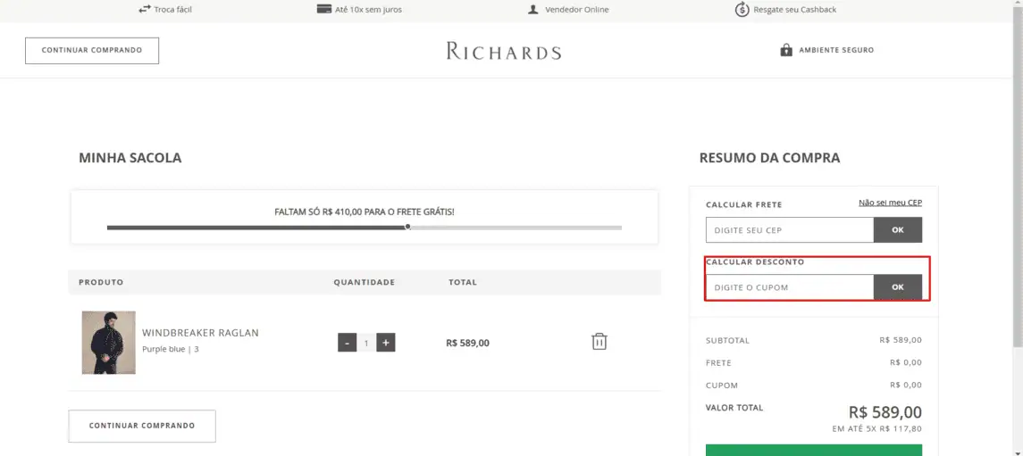 Onde inserir cupom de desconto Richards