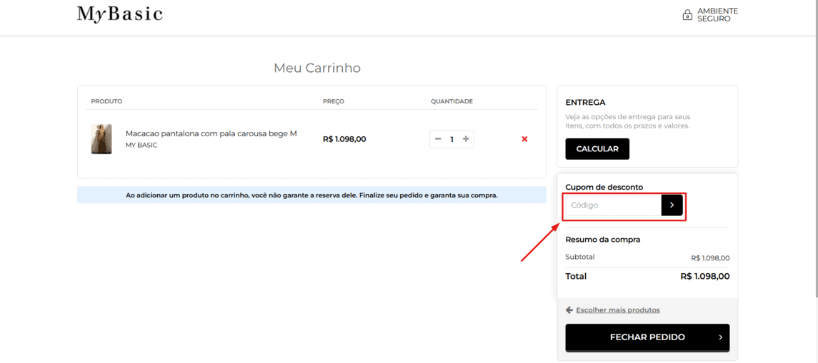 Onde inserir cupom de desconto MyBasic