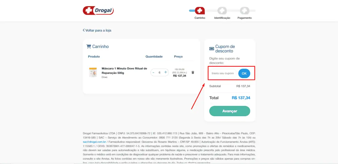 Onde inserir cupom de desconto Drogal