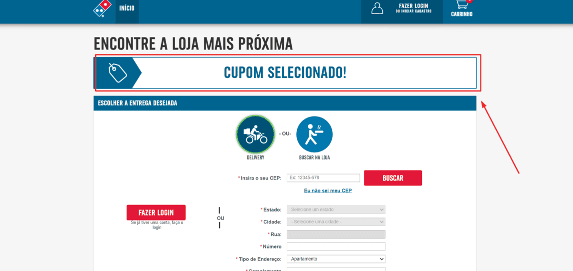 Onde inserir cupom de desconto Domino