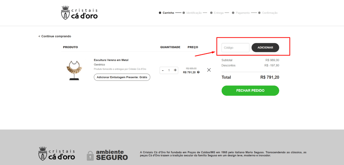Onde inserir cupom de desconto Cristais Cá d
