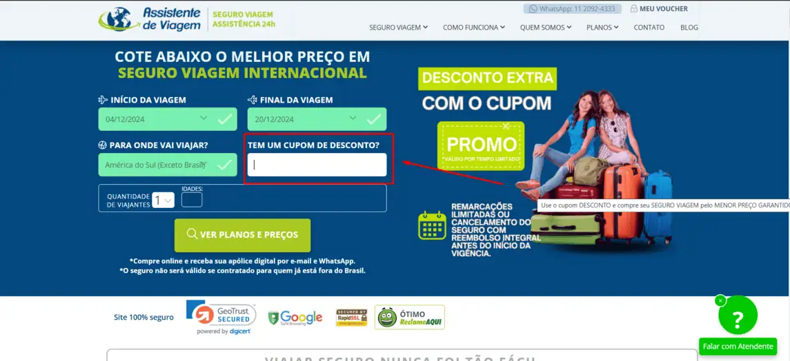 Onde inserir cupom de desconto Assistente de Viagem