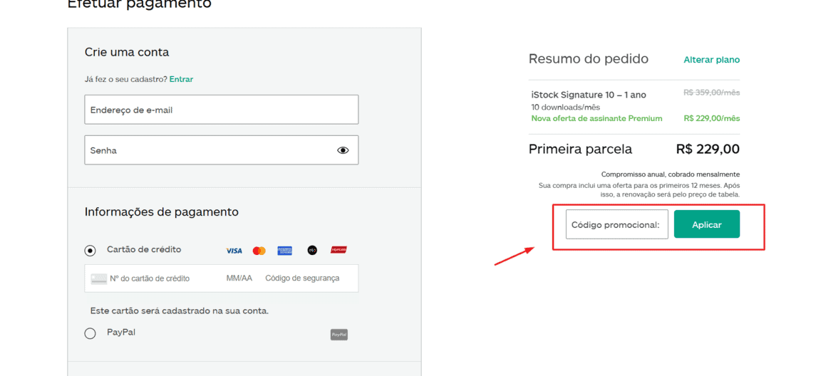 Onde inserir cupom de desconto IStock
