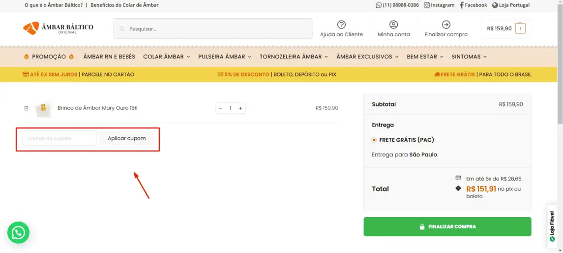 Onde inserir cupom de desconto Ambar