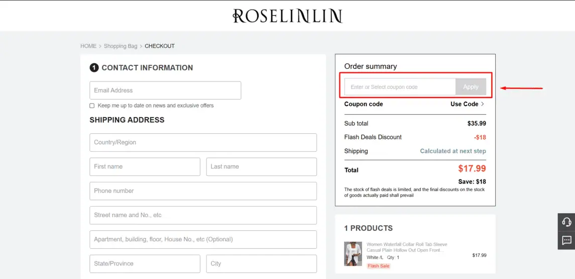 Onde inserir cupom de desconto Roselinlin