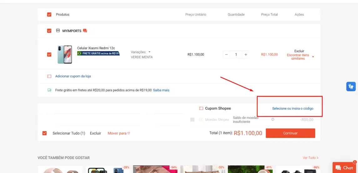 Onde inserir cupom de desconto Shopee