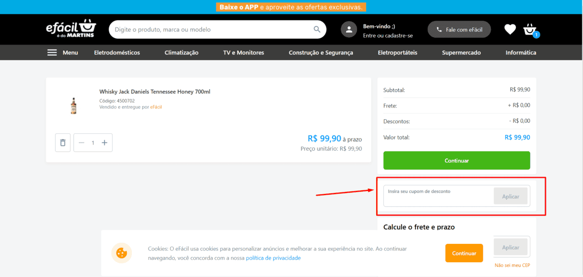 Onde inserir cupom de desconto eFácil