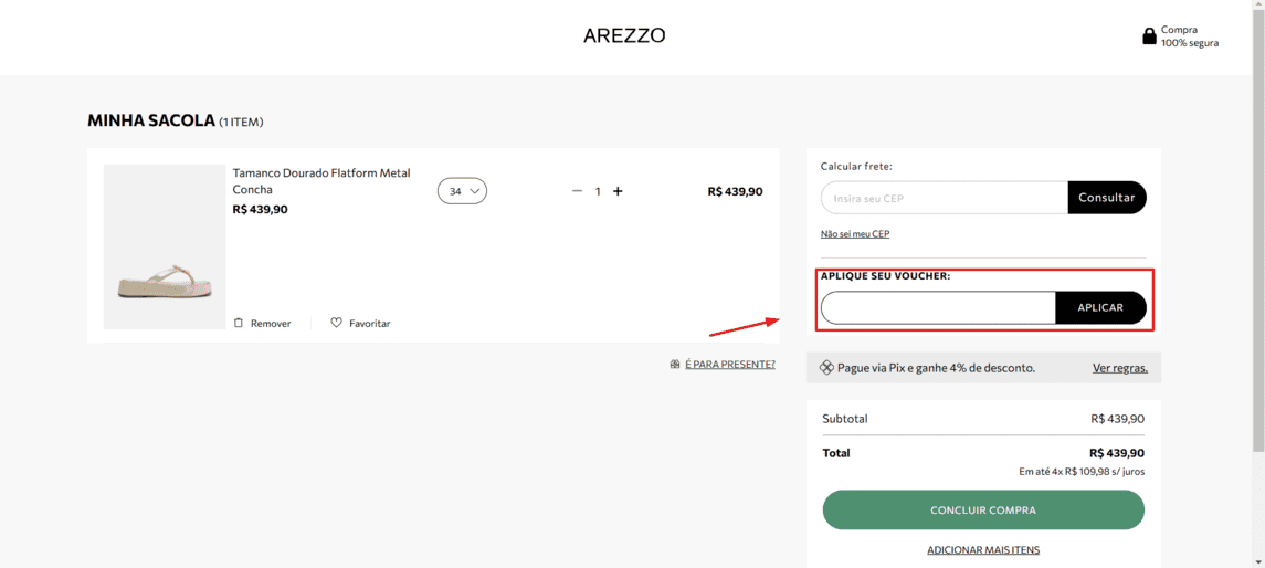 Onde inserir cupom de desconto Arezzo