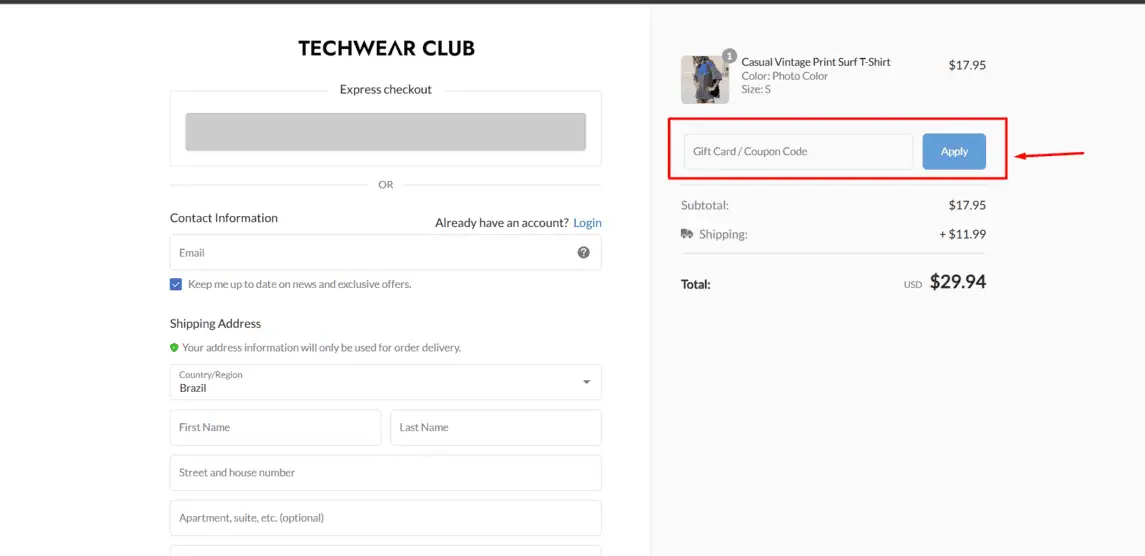 Onde inserir cupom de desconto Techwear Club