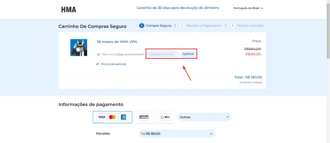 Onde inserir cupom de desconto Hidemyass