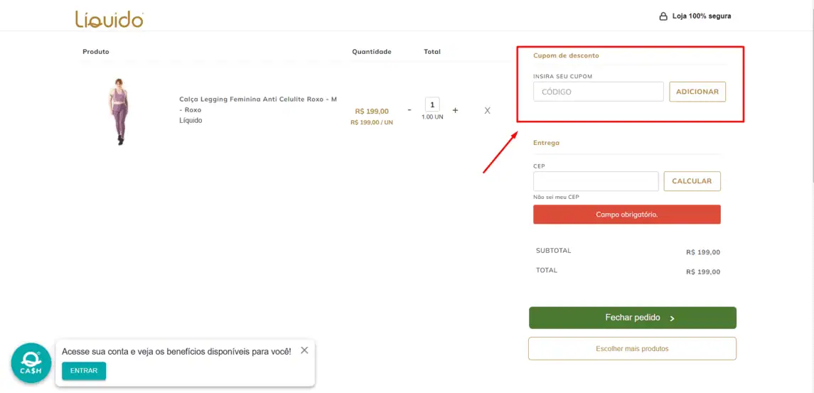 Onde inserir cupom de desconto Líquido