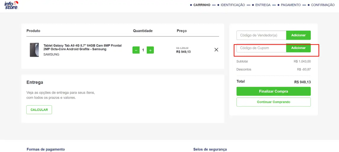 Onde inserir cupom de desconto Info Store