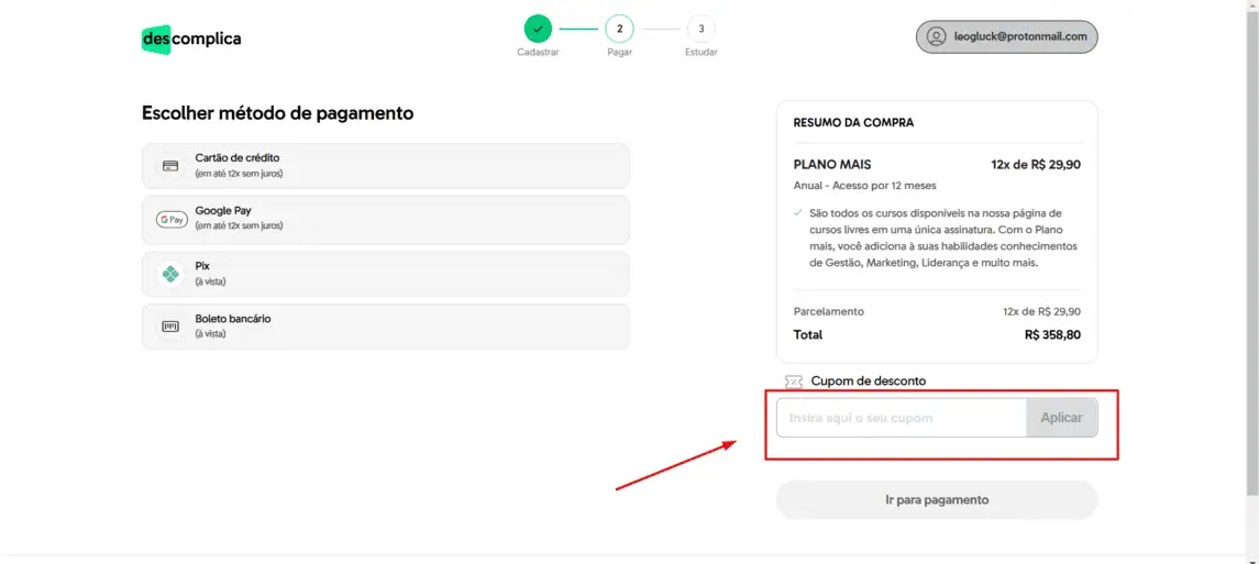 Onde inserir cupom de desconto Descomplica Cursos Livres