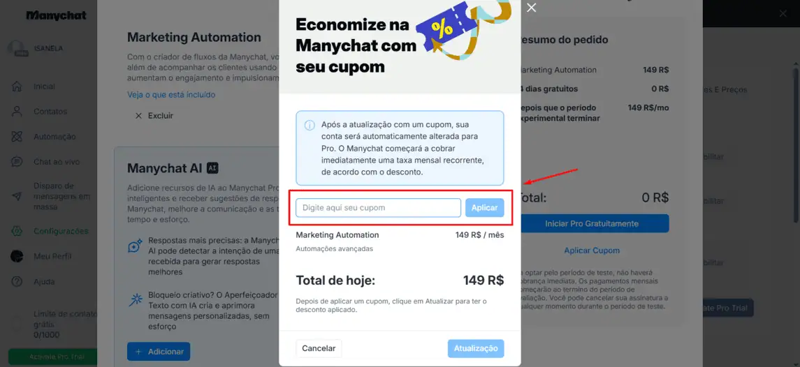 Onde inserir cupom de desconto Manychat