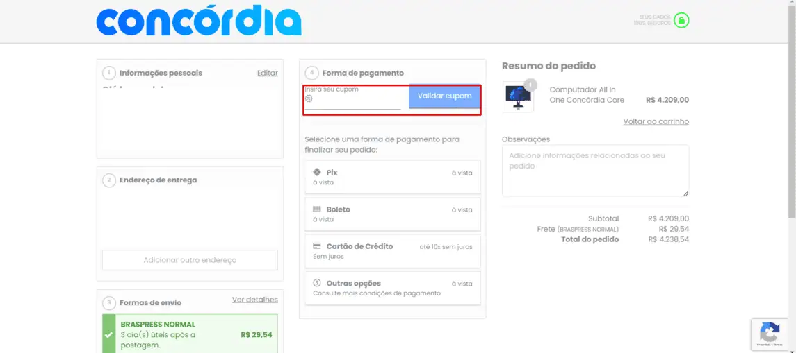 Onde inserir cupom de desconto Concórdia Informática