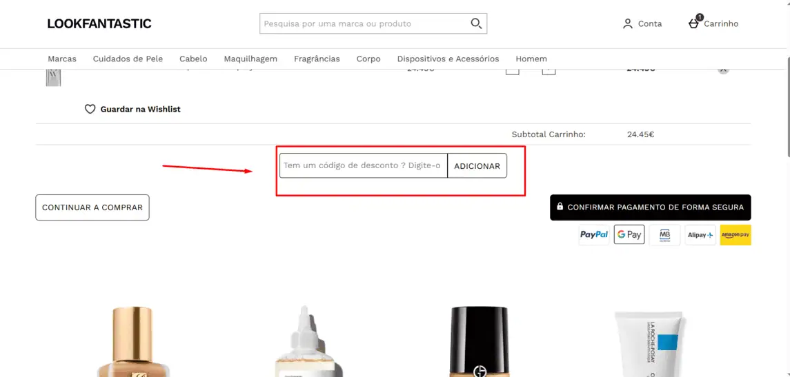 Onde inserir cupom de desconto LookFantastic