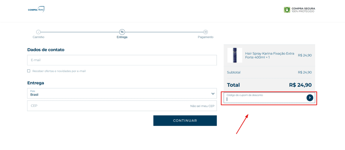 Onde inserir cupom de desconto Compra Flora